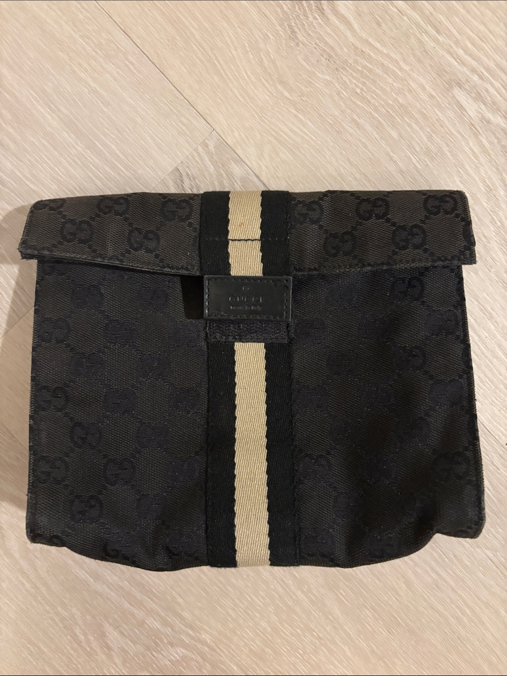 Gucci Black Canvas Toiletry Pouch with Beige Center Stripe